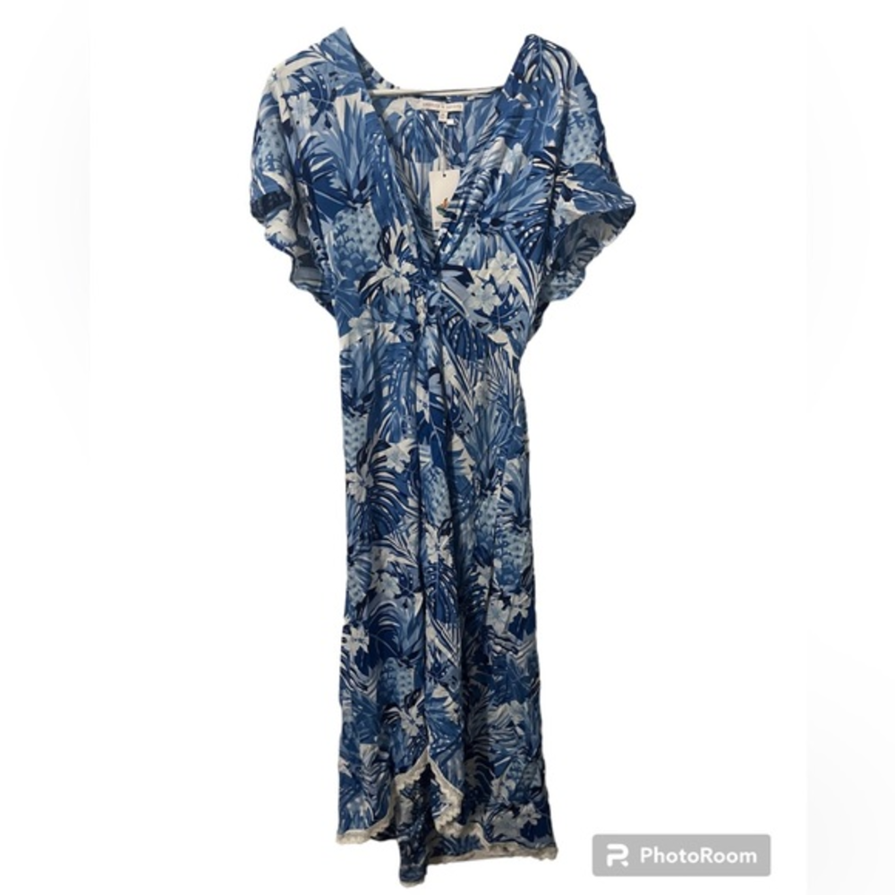 America & Beyond‎ blue floral tropical maxi swim cover up  NWT